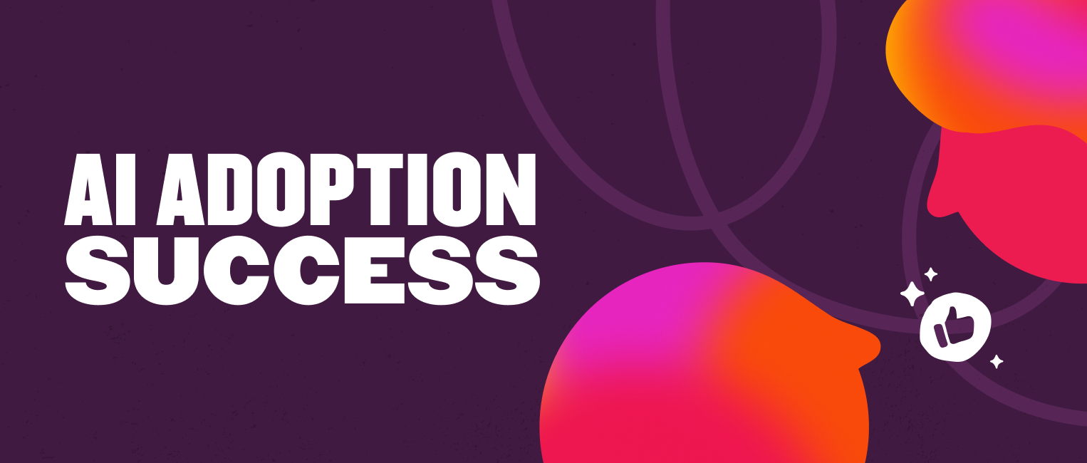 AI Adoption Success graphic with vibrant colors, featuring stylized heads and a thumbs-up icon on a dark background. AI, adoption, success
